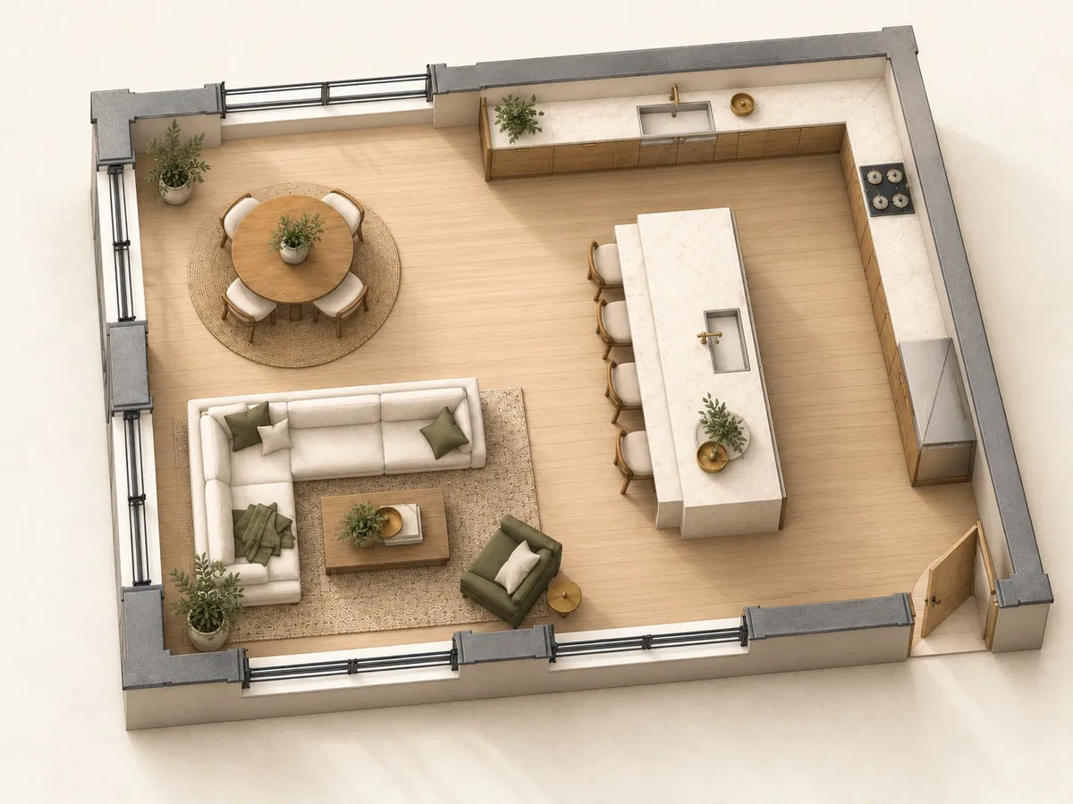 Axonometric 3D cutaway of the furnished kitchen and living room