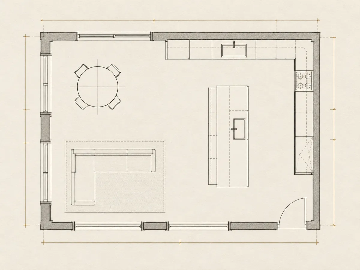 Architectural blueprint of an open-plan kitchen and living room