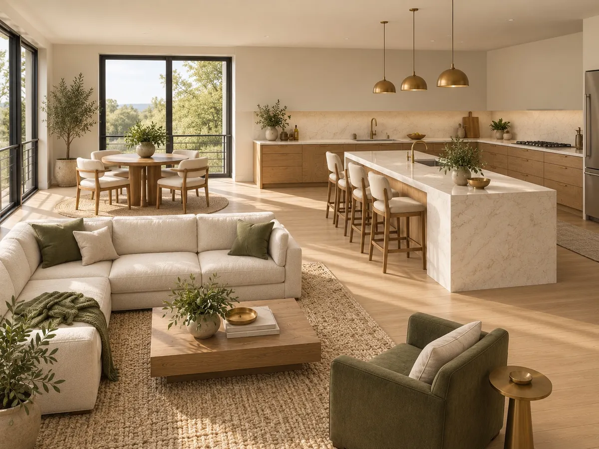 Completed kitchen and living room in warm oak, ivory stone, and olive