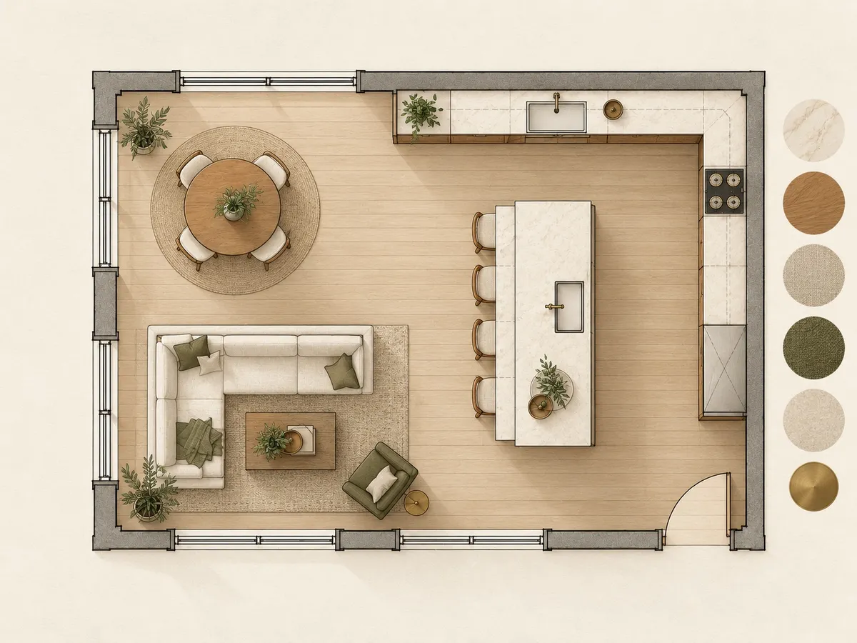 Furnished overhead plan with a kitchen, island, dining area, and lounge
